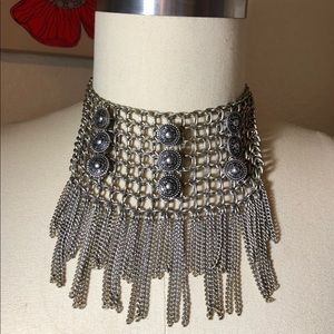 Statement Chocker Fringe Silver Necklace